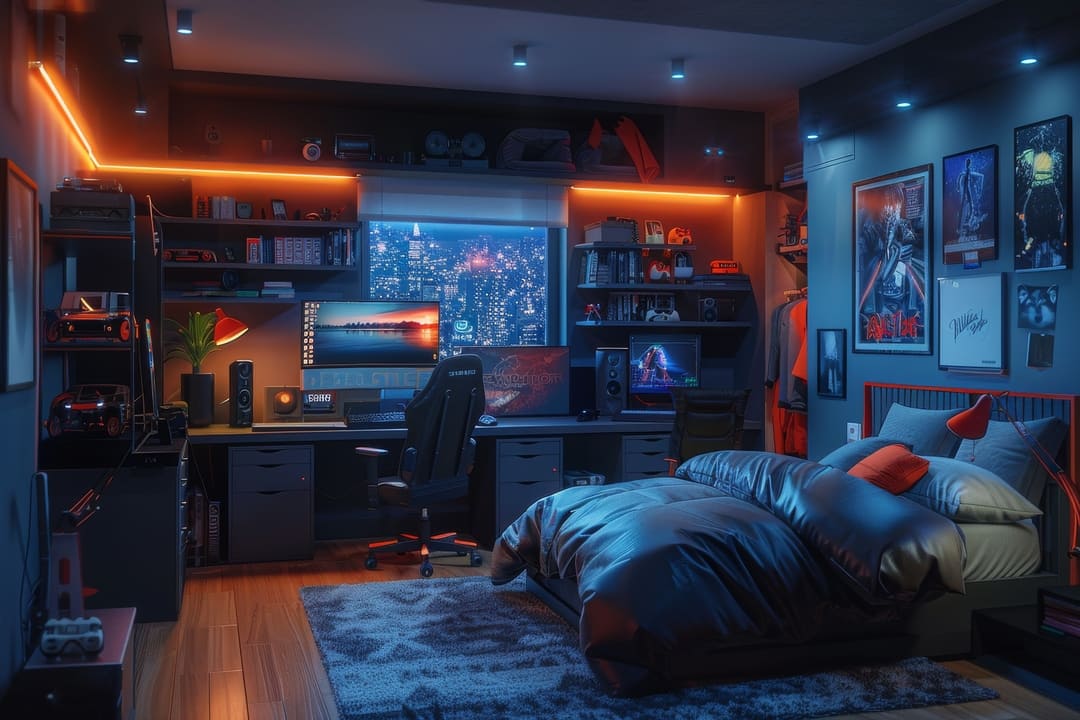 Guia de decoração para quarto de gamer: luzes e móveis