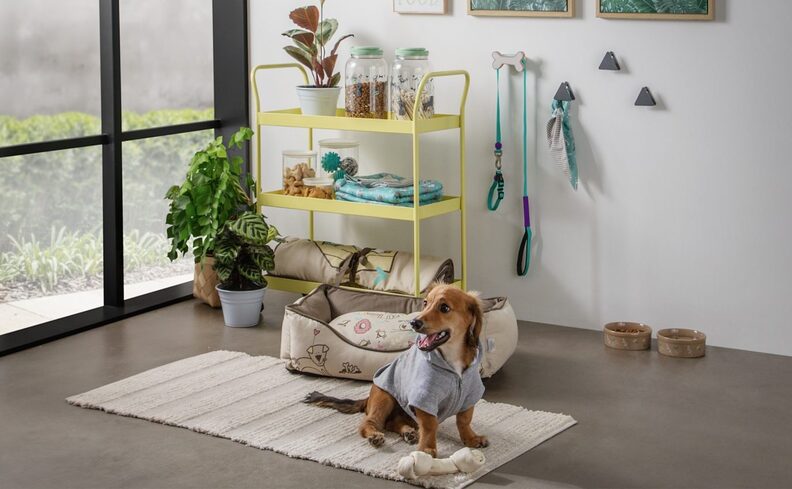 Ideias de cantinho pet: caminha e comedouro no móvel