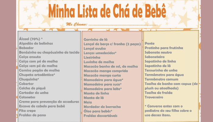 lista de cha de bebe pronta