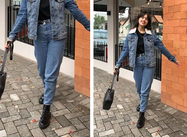 look calça jeans e coturno de salto