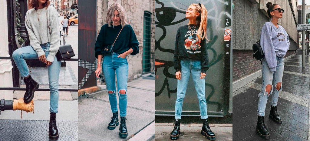 look calça jeans e coturno de salto