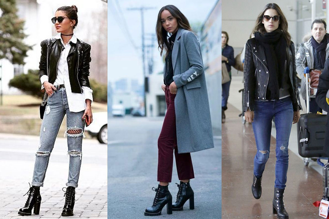 look calça jeans e coturno de salto