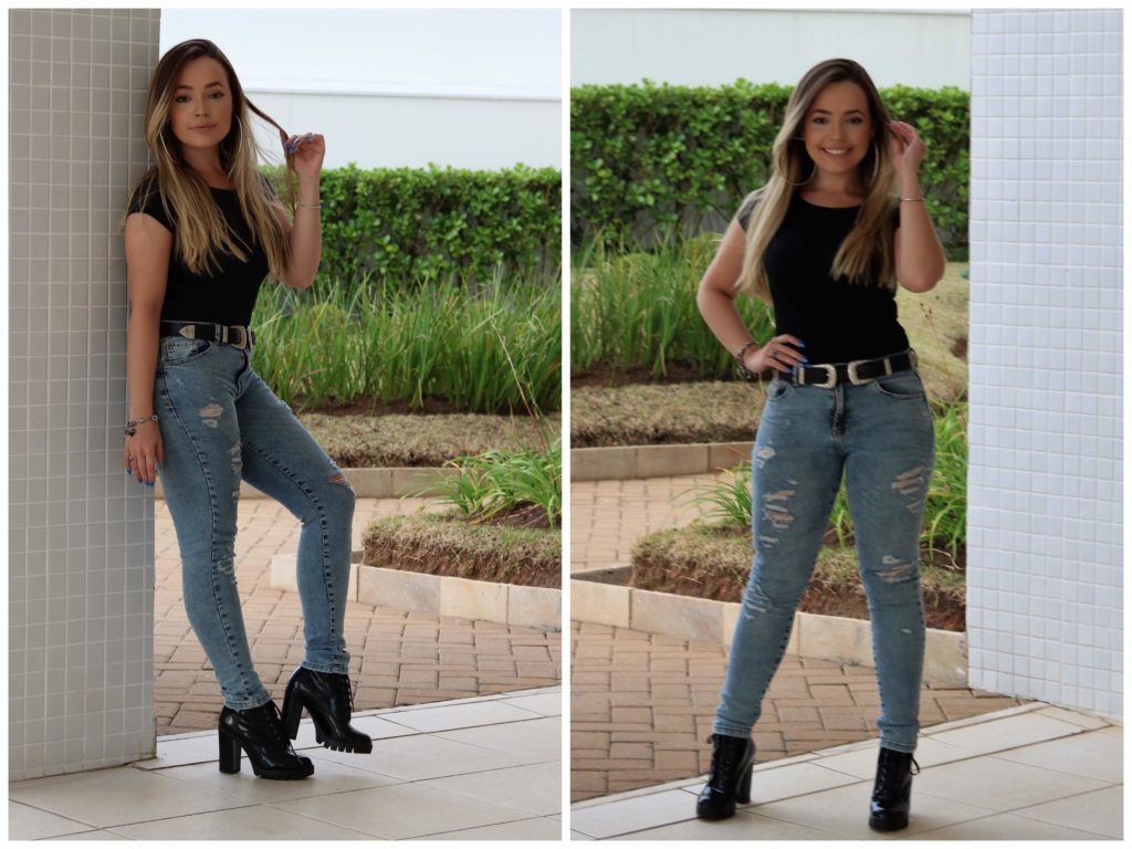look calça jeans e coturno de salto