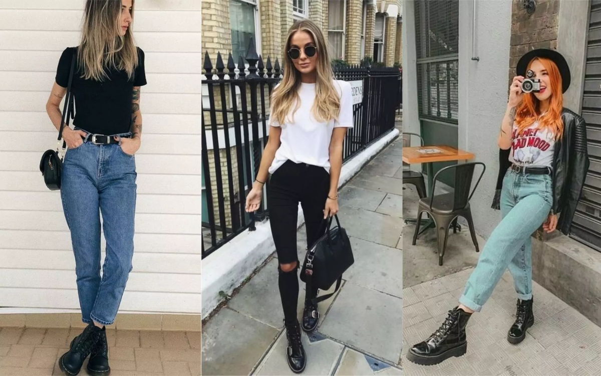 look calça jeans e coturno de salto