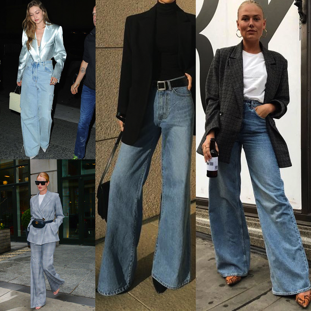 calça jeans pantalona preta cintura alta