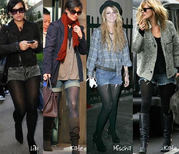 Looks com shorts jeans e meia calça preta