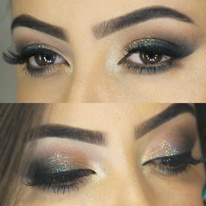 smokey eye preto com glitter vs delineado brilhoso