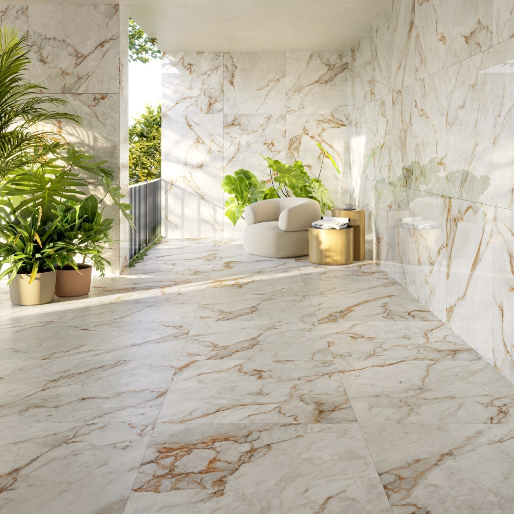 Porcelanato dourado com grafismos contemporâneos
