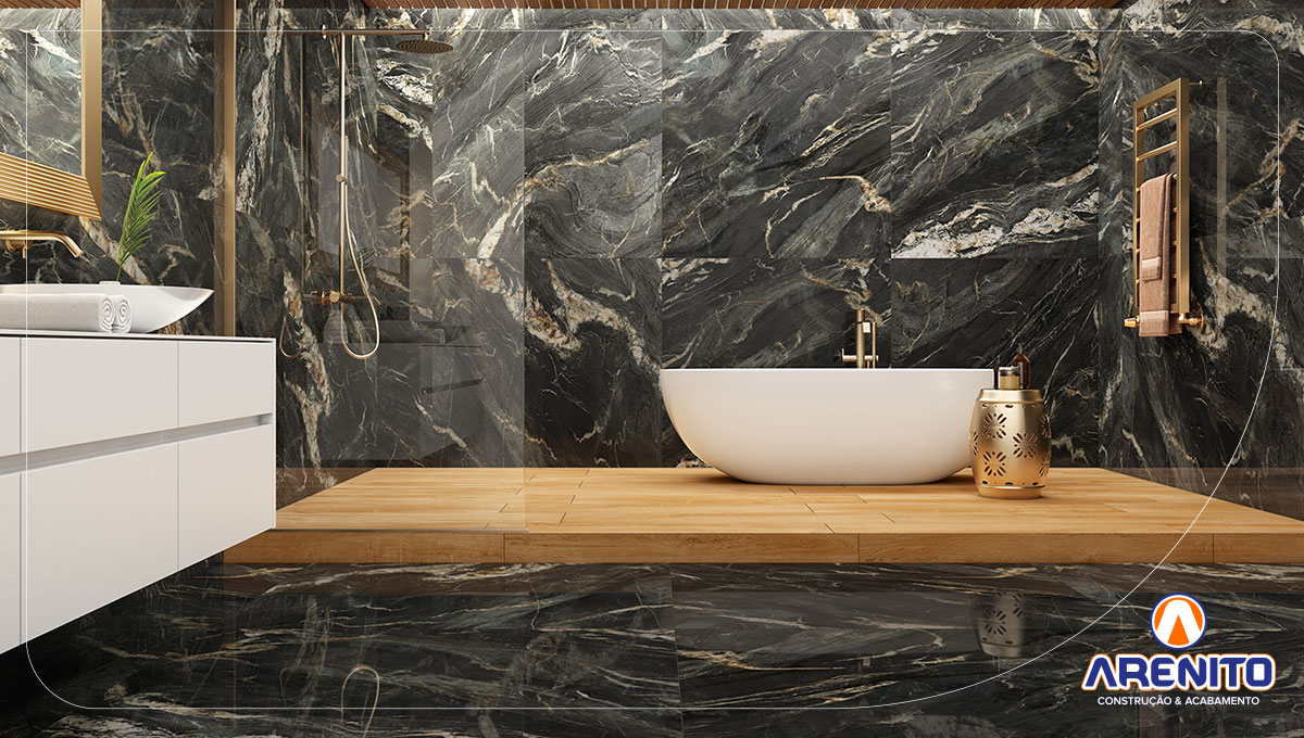 Porcelanato dourado com grafismos contemporâneos