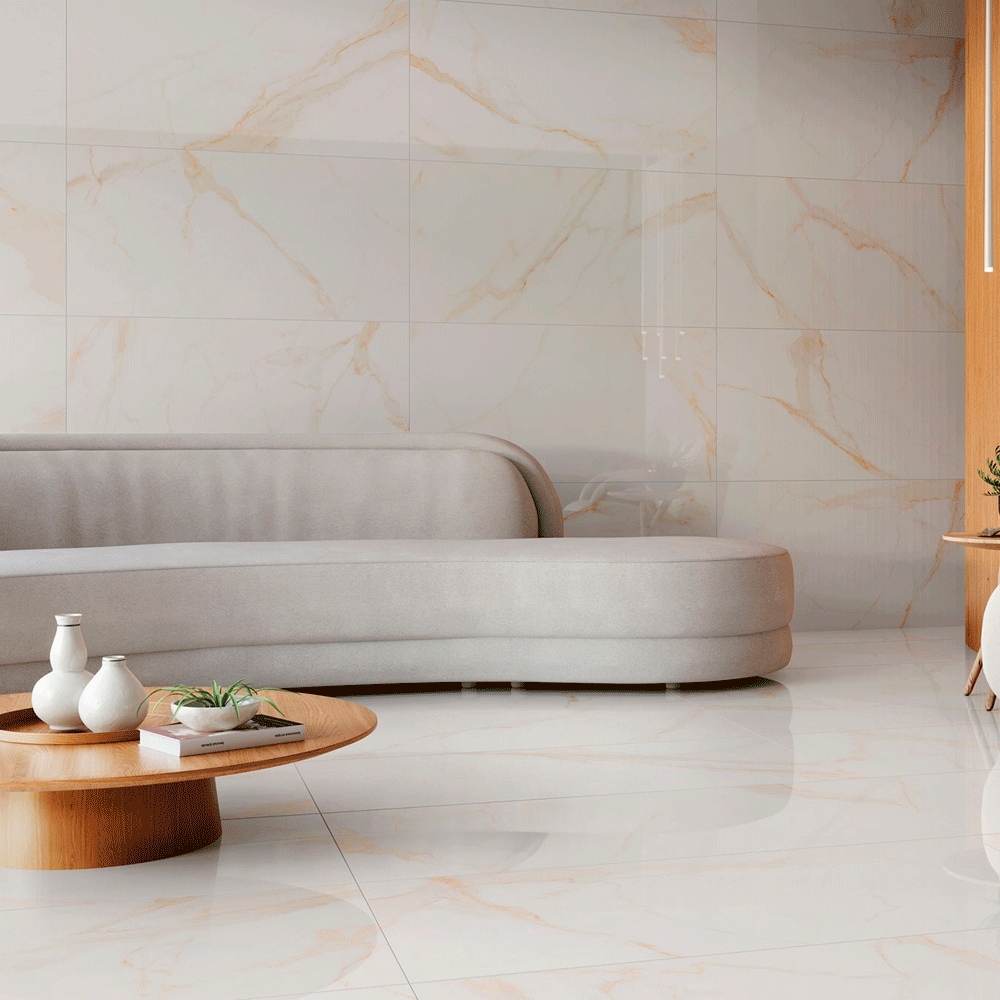 Porcelanato dourado com filetes metálicos