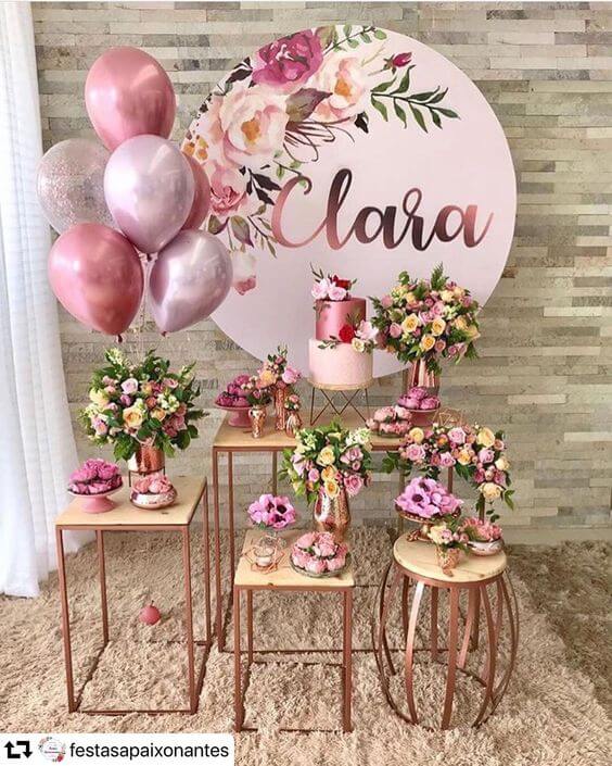 decoração de festa rose gold
