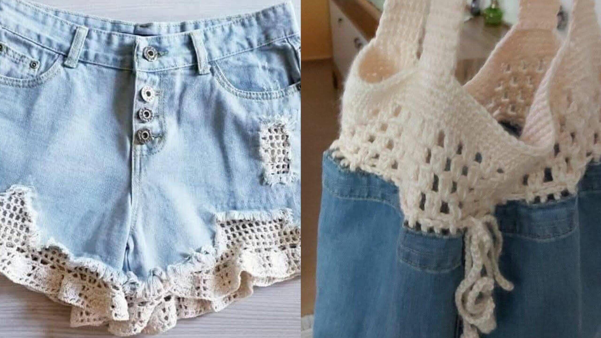 inspiração saia jeans com barra de crochê looks