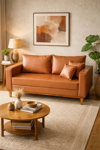 sofá caramelo com parede azul marinho