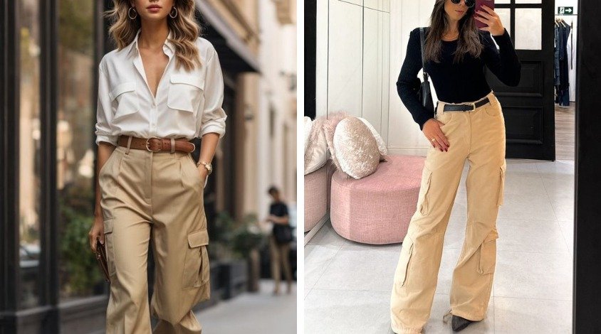 Tendência de calça cargo feminina com salto alto