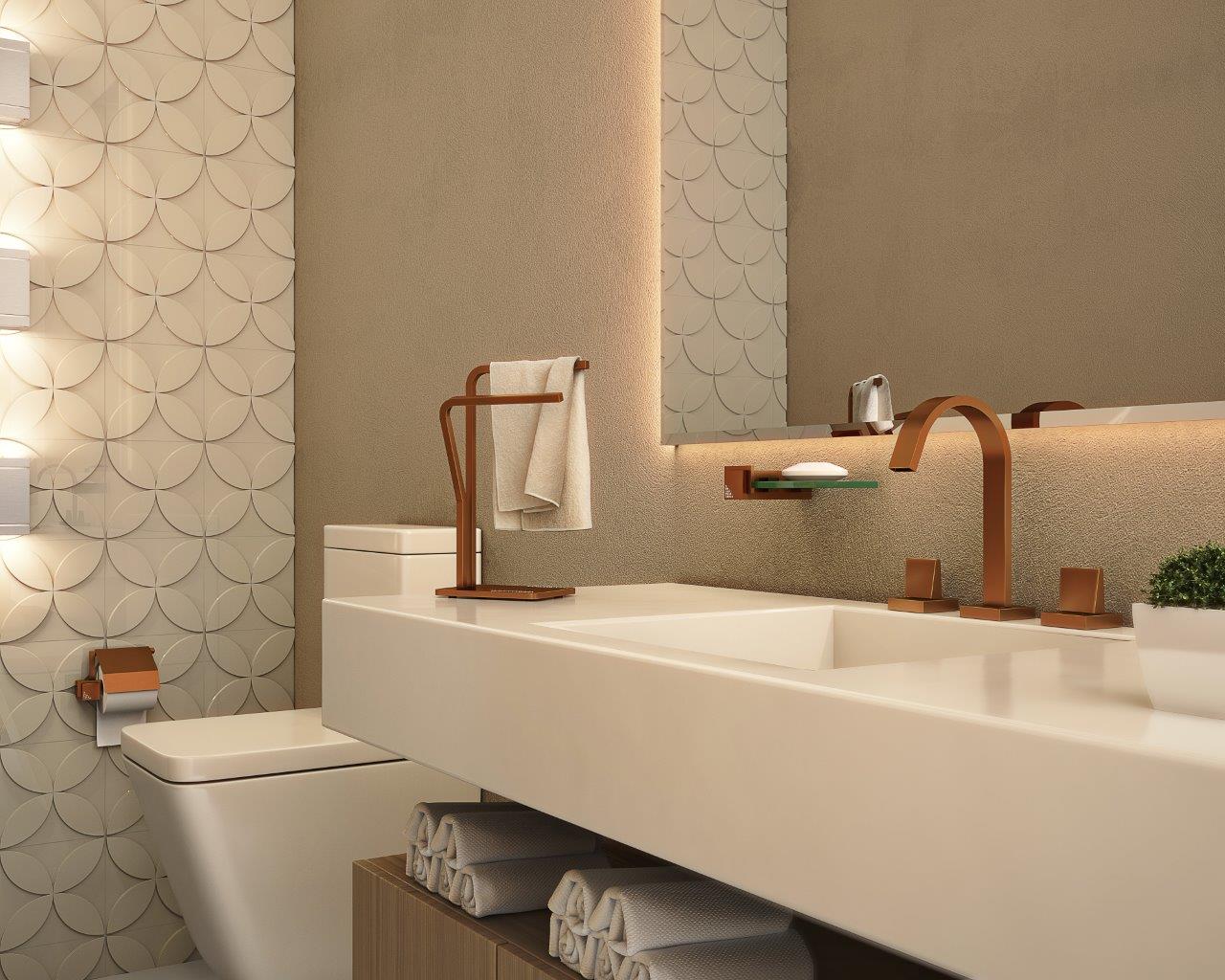 Tendência de metais rose gold para banheiros femininos