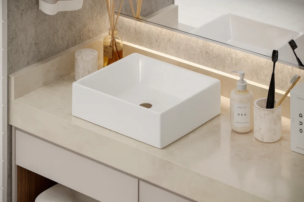 Tendência de pias de banheiro esculpidas em granito