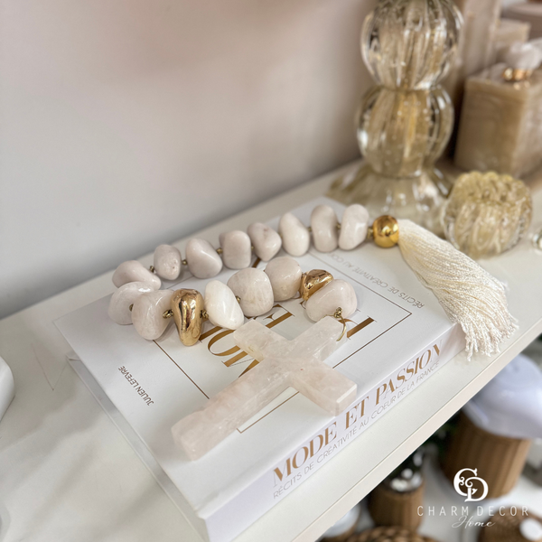 terço de mesa com contas de quartzo branco