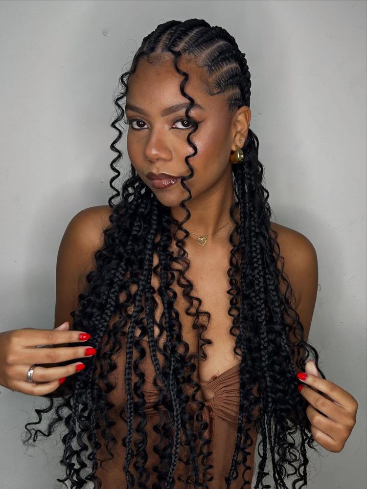 box braids com pontas de cachos definidos