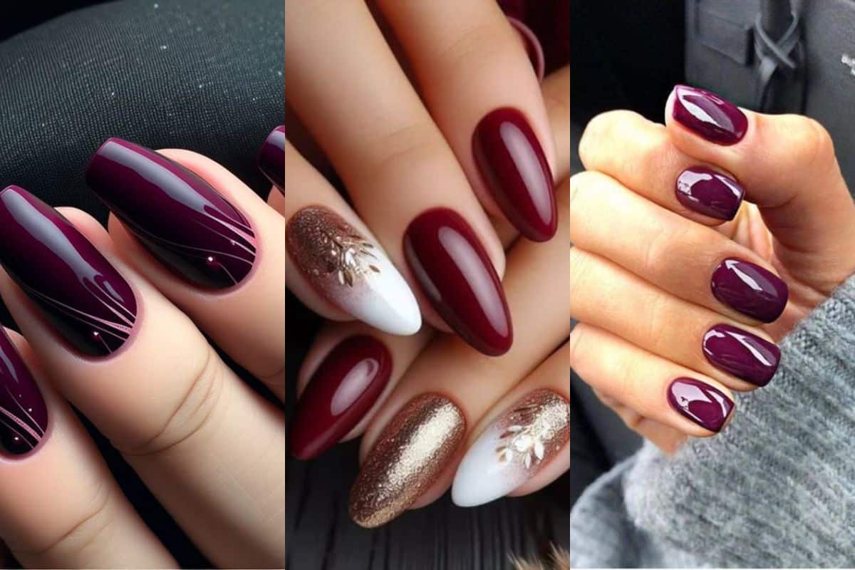 unhas em gel vinho com unhas decoradas