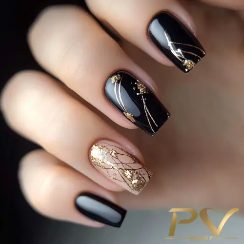 unhas pretas decoradas com branco