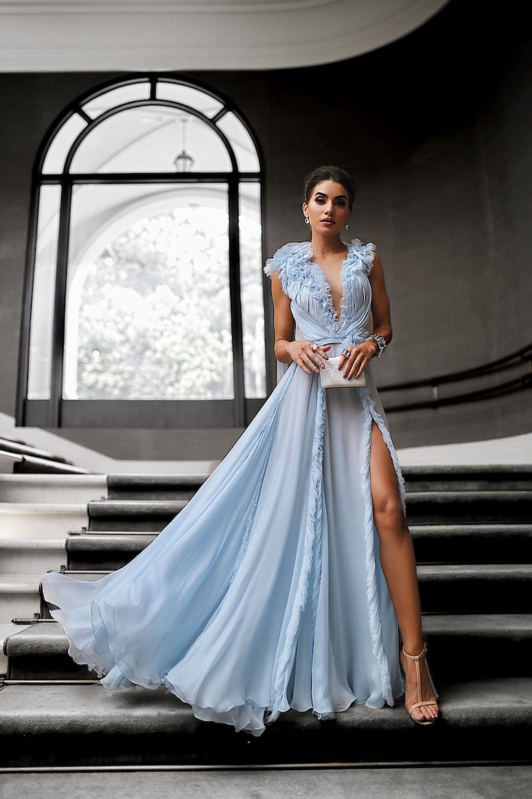 vestido de festa azul claro
