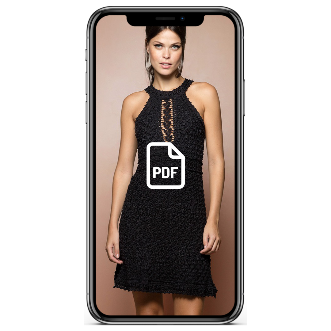 vestido preto de croche com grafico