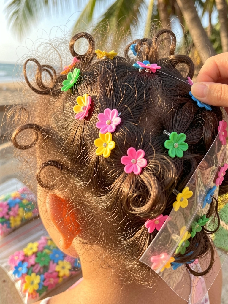 Cachos castanhos de criança com prendedores de flor em miniatura nas cores rosa, amarelo, azul e verde; sacos plásticos com mais flores ao fundo, luz natural e mão segurando um dos saquinhos.