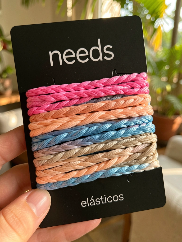 Cartão preto com elásticos de cabelo trançados em rosa, pêssego, azul e bege, luz natural suave e fundo desfocado.