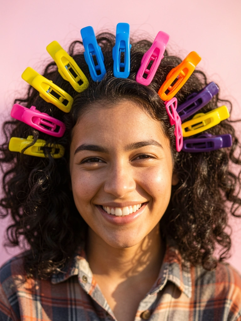 Mulher com cabelo cacheado e camisa xadrez, sorrindo sob luz natural, com prendedores coloridos em arco ao redor da cabeça.