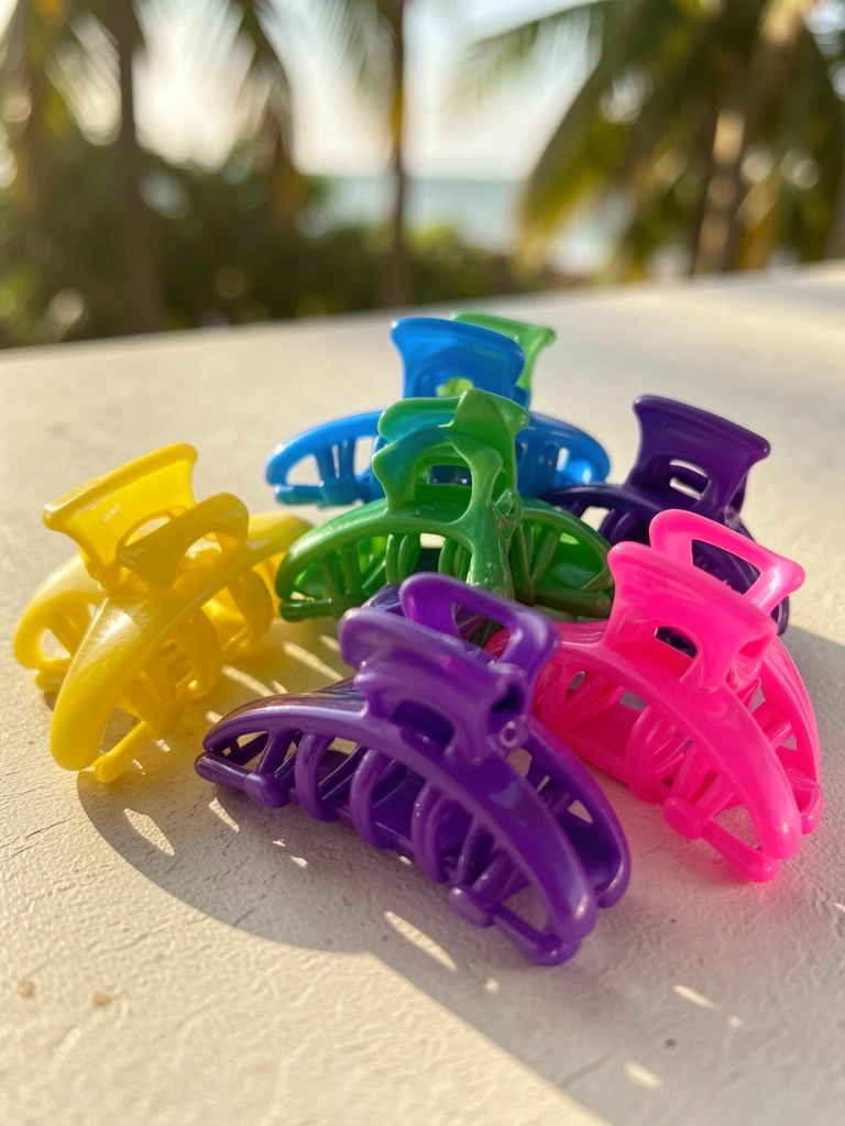 Pile of glossy plastic hair clips in yellow, blue, green, purple, and pink on a light surface, soft daylight and blurred tropical background.