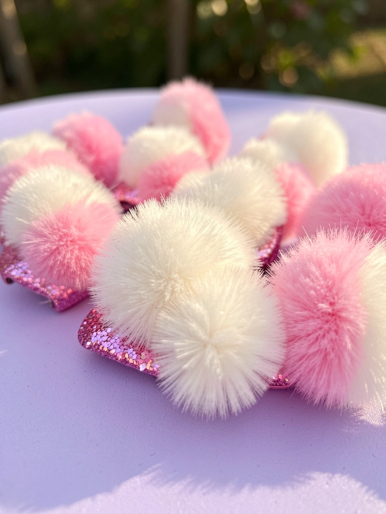 Pompons brancos e rosas sobre base com glitter, em superfície lilás sob luz natural, fundo desfocado ao ar livre.