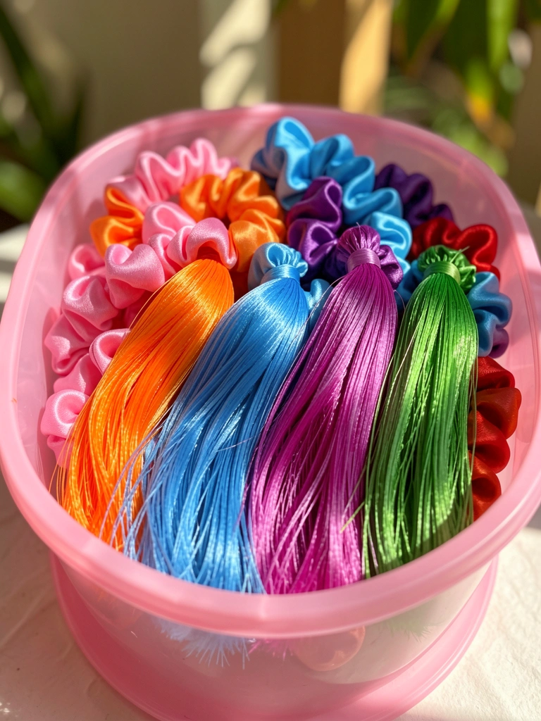 Caixa plástica rosa com scrunchies de cetim coloridos e fios sintéticos longos, iluminados por luz natural suave.