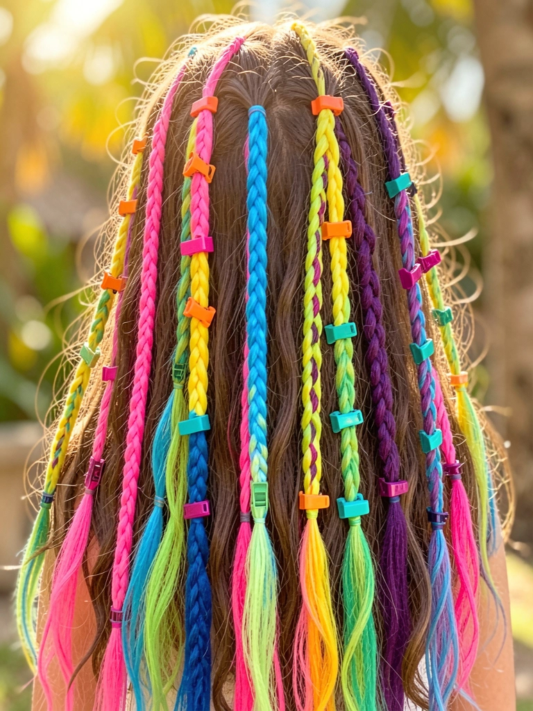 Menina com cabelo castanho longo e extensões coloridas em arco-íro presas com clipes laranja, teal e magenta, luz natural filtrada ao fundo.