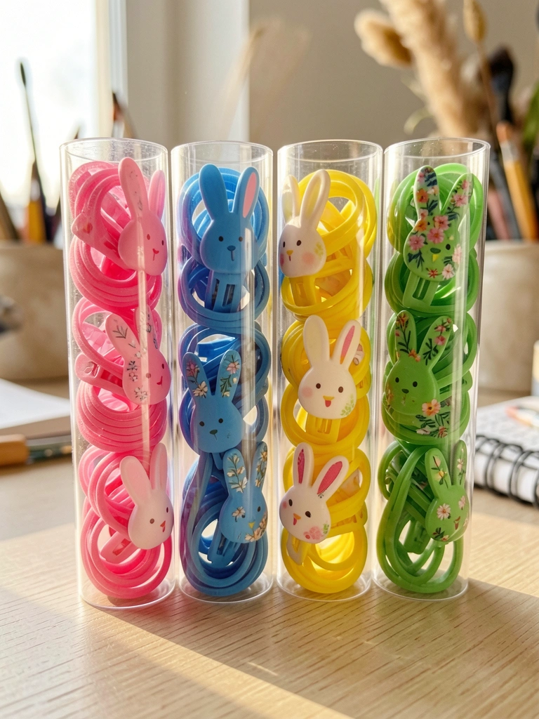 Quatro tubos plásticos transparentes com elásticos coloridos e presilhas de coelho, luz natural difusa e fundo suave.