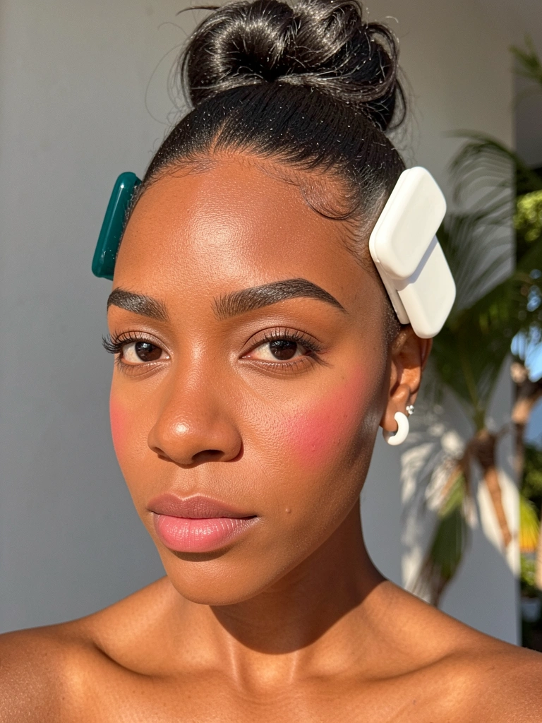 Mulher negra com coque bagunçado e presilhas retangulares verde-azulado e branco brilhantes, brincos de argola brancos, fundo cinza neutro com luz natural.