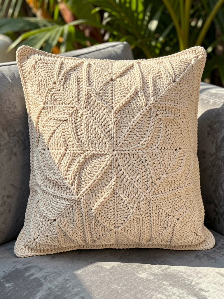 Almofada quadrada de crochê bege com padrão de folhas, sobre sofá de veludo cinza, luz natural e fundo com verde tropical.