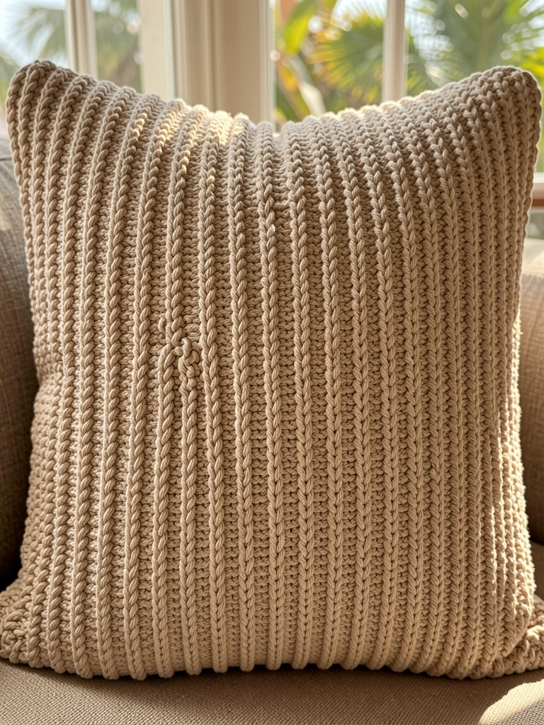 Almofada de crochê em algodão bege com textura densa e rugas sutis, iluminada por luz natural suave, fundo desfocado.