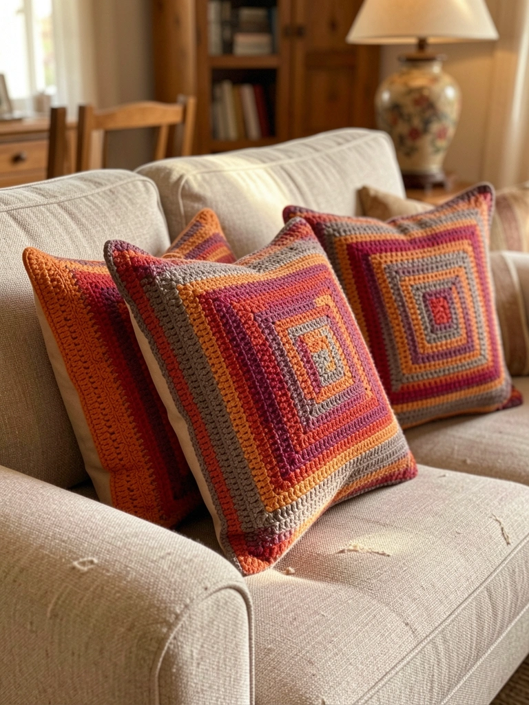Travesseiros de crochê laranja, vermelho, roxo e cinza com padrões geométricos sobre sofá bege texturizado, luz natural e fundo desfocado.