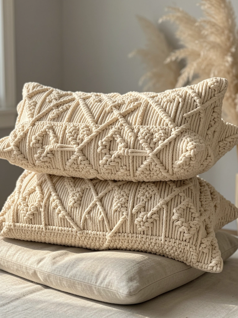 Dois pillows macramê bege com padrões geométricos empilhados sobre almofada de linho, luz natural e capim-dos-pampas ao fundo.