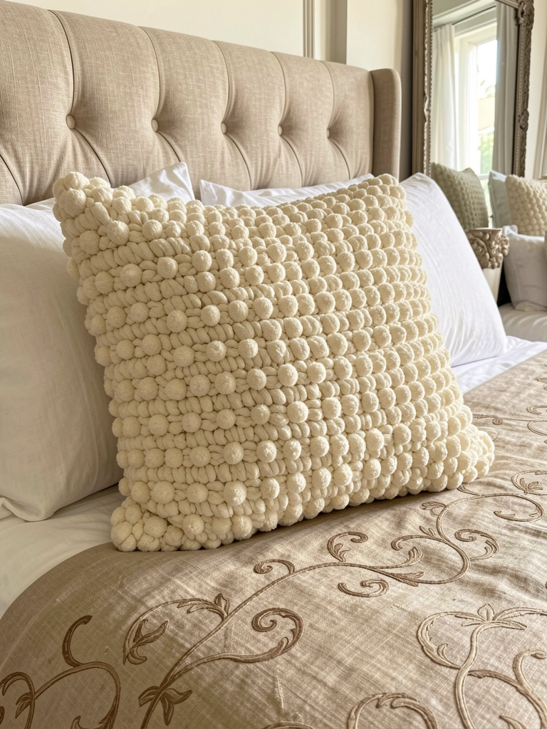 Almofada de tricô creme com textura de bobes sobre colcha de linho bege, cabeceira estofada com botões e luz natural suave.