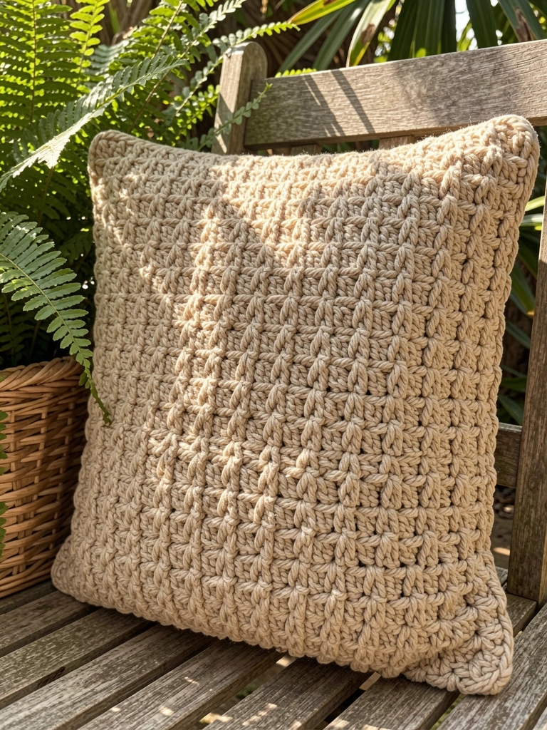 Almofada de crochê bege com textura densa sobre cadeira de madeira desgastada, cesta e samambaias ao lado, luz natural.