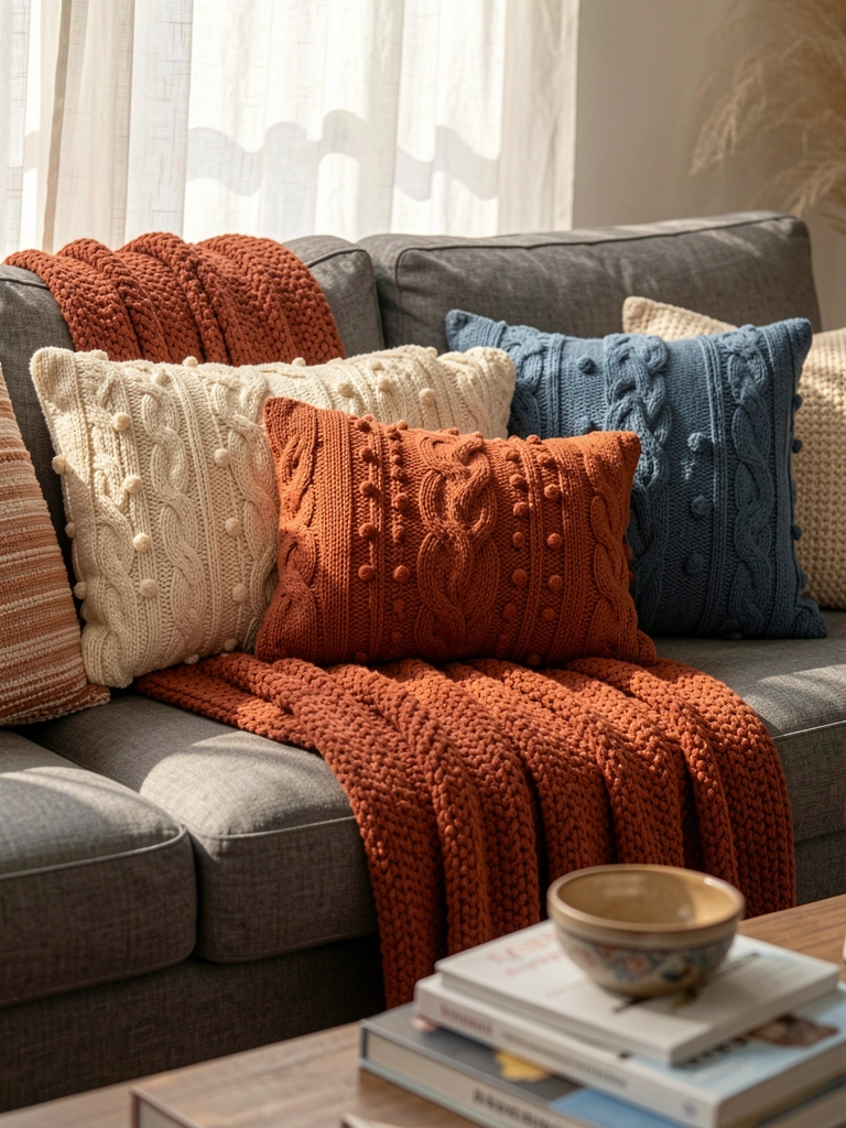 Luz natural filtra cortina branca sobre sofá cinza com manta tricot terracota e almofadas texturizadas em creme, ferrugem e azul.
