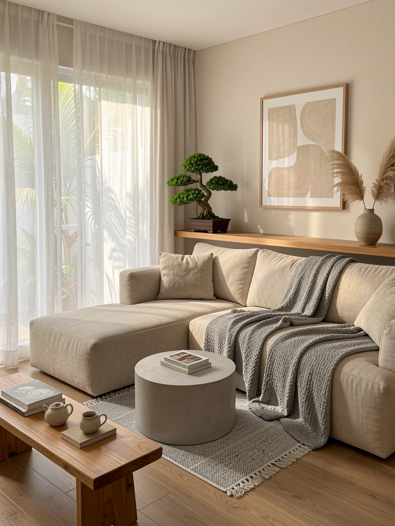 Sofá modular bege com manta cinza texturizada, mesa de centro redonda de concreto claro com tapete listrado, bonsai e pampas secos em prateleira, luz solar difusa por cortinas brancas.