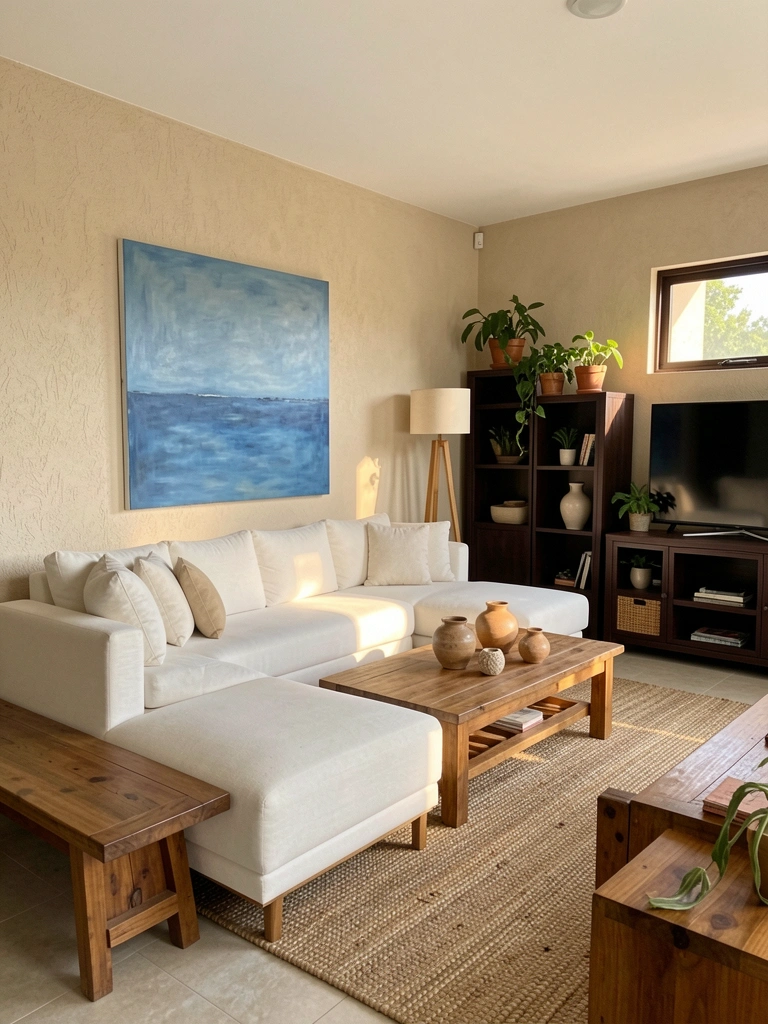 Parede texturizada bege, sofá branco com pés de madeira, mesa rústica com peças de cerâmica, tapete trançado e luz natural.