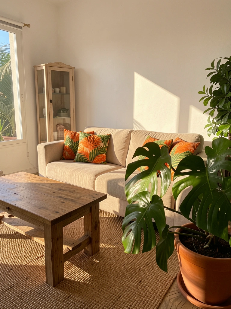 Sofá bege com almofadas de palmeira laranja e verde, mesa de centro rústica e vaso de monstera sob luz solar intensa.