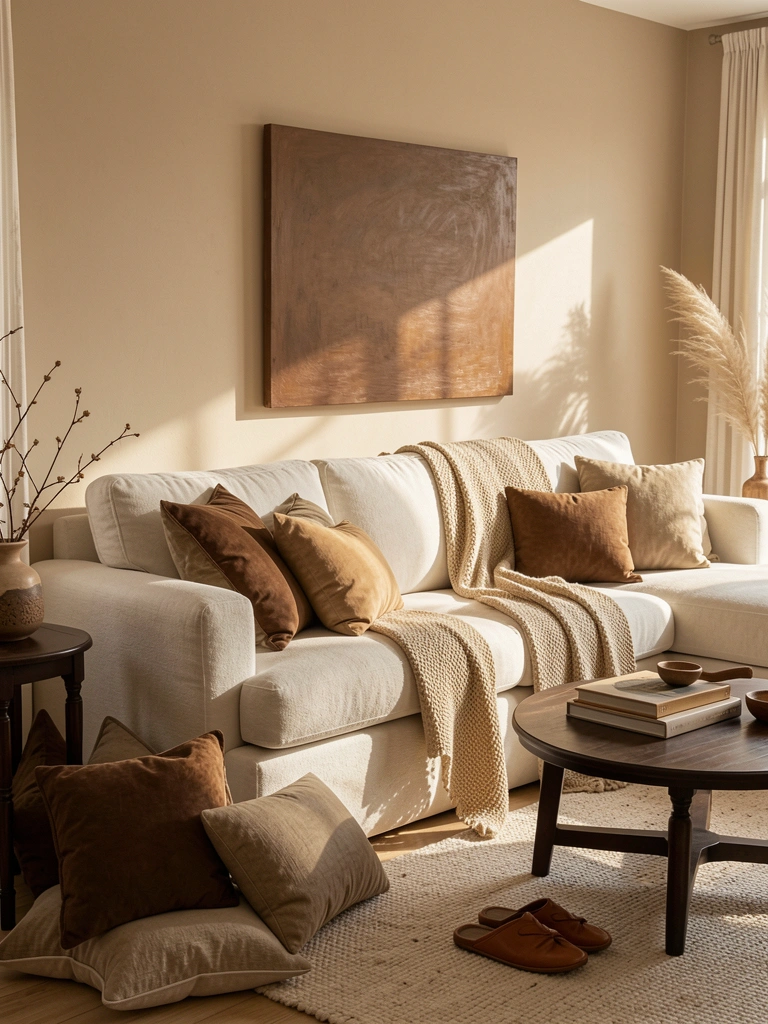 Sofá off-white texturizado com manta bege, quadro abstrato marrom e mesa de centro redonda escura com livros e vaso de galho seco, iluminação natural.