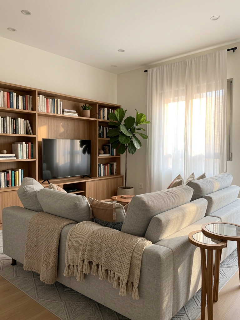 Sofá cinza claro texturizado com manta, mesas redondas de vidro e estante com livros e planta, luz natural difusa.