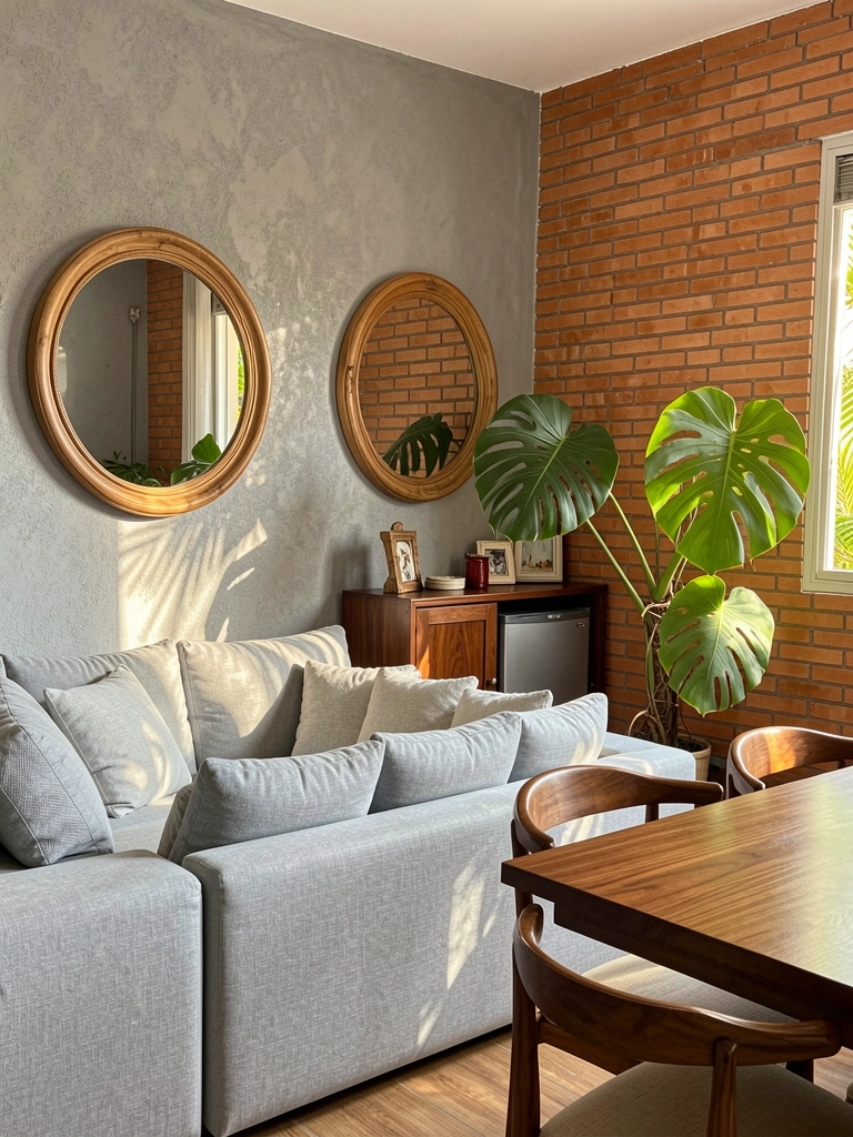 Sofá cinza claro com almofadas, parede de tijolos terracota à direita, espelho redondo de moldura de madeira sobre aparador marrom, mesa de madeira com cadeira curva e vaso de Monstera à luz natural.