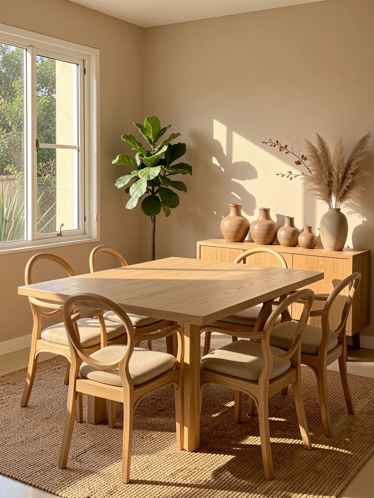 Luz natural incide sobre mesa de madeira clara com cadeiras estofadas em bege, sideboard com vasos de cerâmica e capim-dos-pampas, piso de madeira e parede bege.