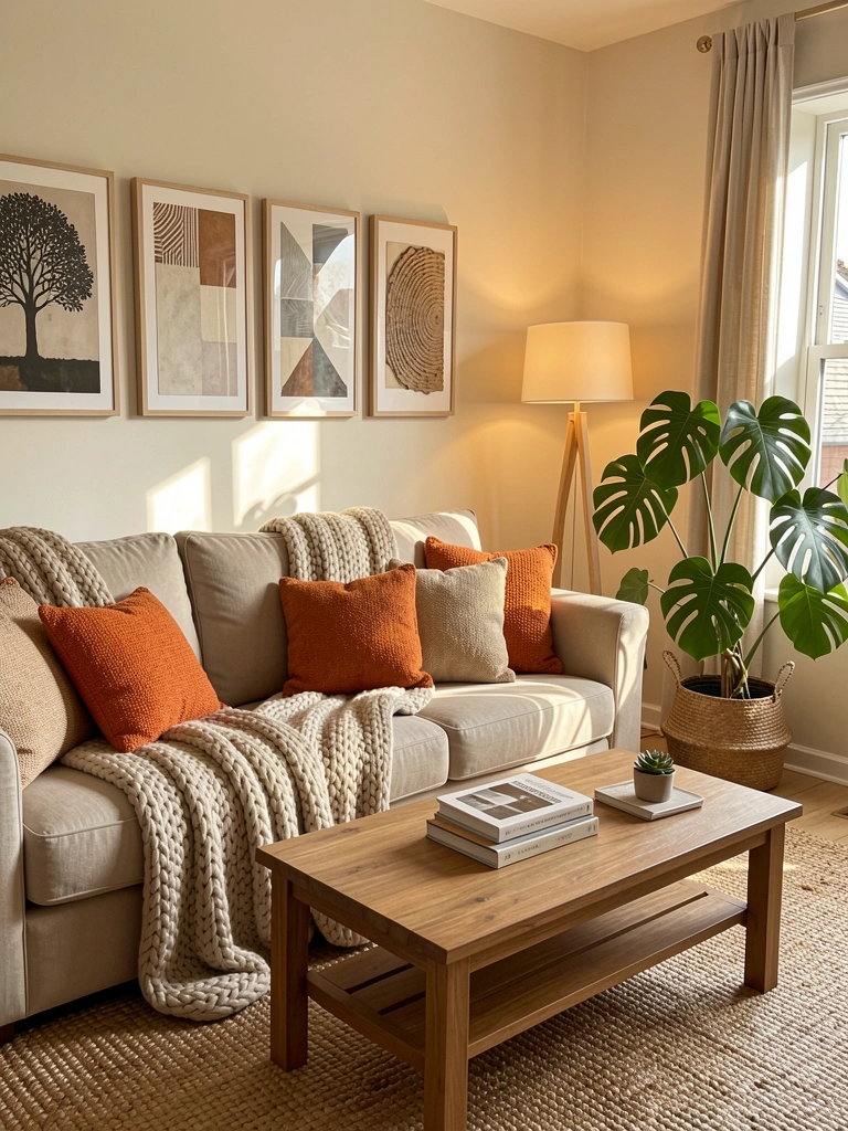 Luz natural incide sobre sofá bege claro com almofadas laranja e texturizadas, mesa de madeira com livros e suculenta, e quadros abstratos na parede.